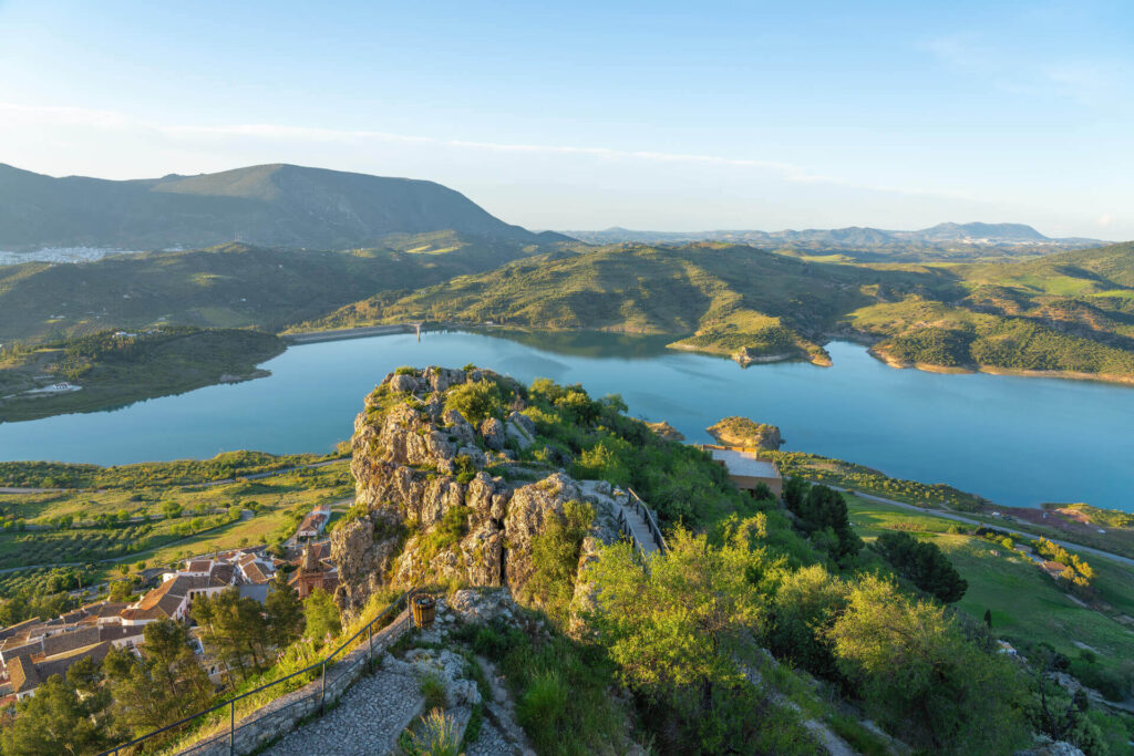 Aerial view of rocky landscape in Zahara de la Sierra, the Zahara-El Gastor reservoir.