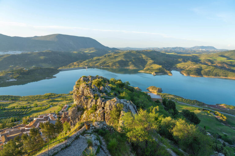 Aerial view of rocky landscape in Zahara de la Sierra, the Zahara-El Gastor reservoir.